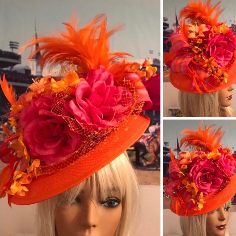 Vibrant Orange & Hot Pink Floral Feather Fascinator Hat